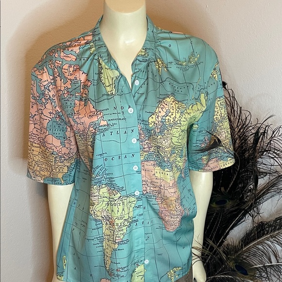Quirky World Map Print Button-Up Shirt - Picture 1 of 1